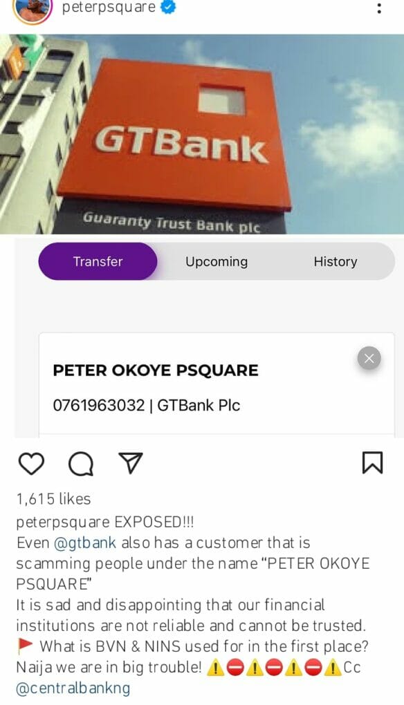 Peter Okoye calls out GT bank 