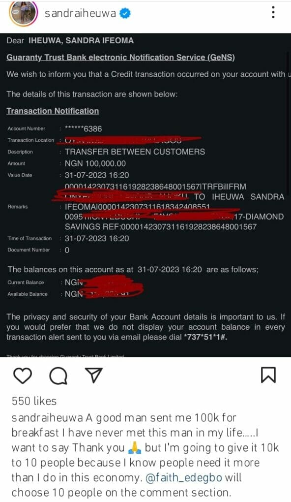 Sandra Iheuwa gets 100k from anonymous man