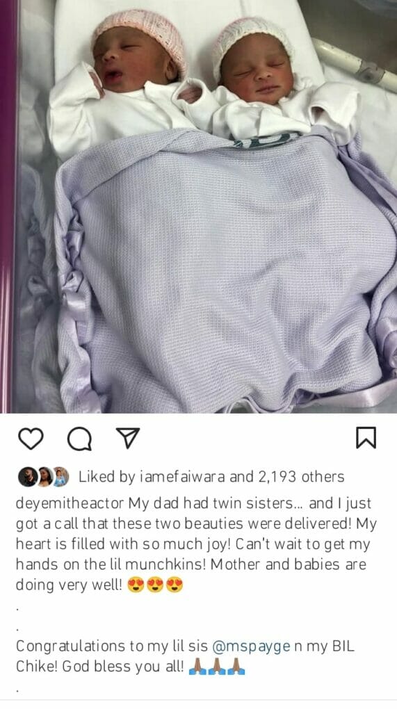 Deyemi Okanlawon celebrates as sister gives birth to twins