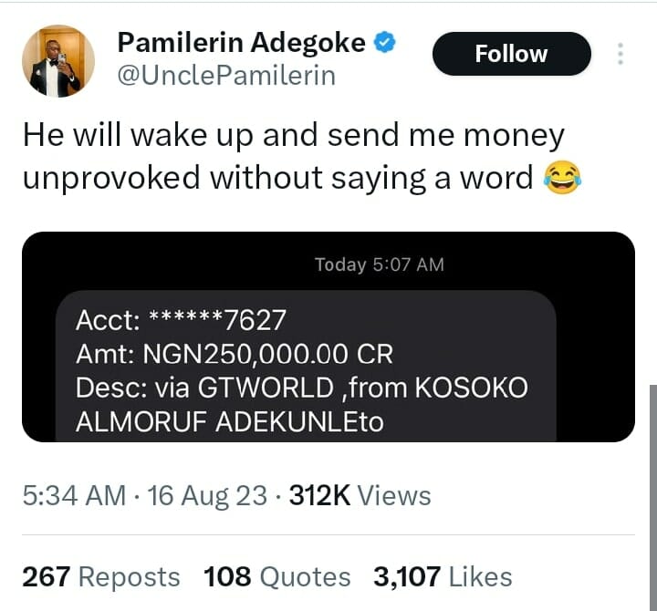Pamilerin Adegoke receives cash gift from Adekunle Gold 