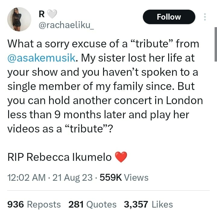 Rebecca Ikumelo's sister calls out Asake