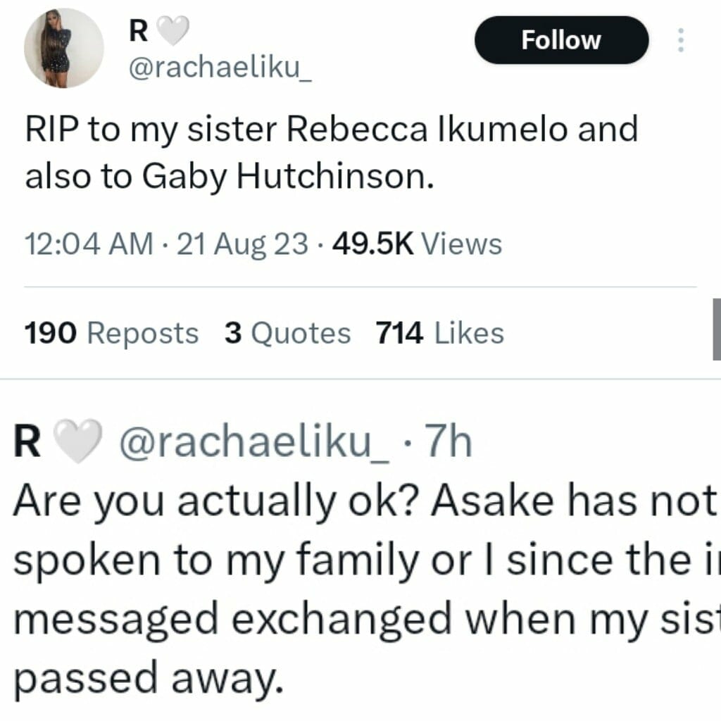 Rebecca Ikumelo's sister calls out Asake