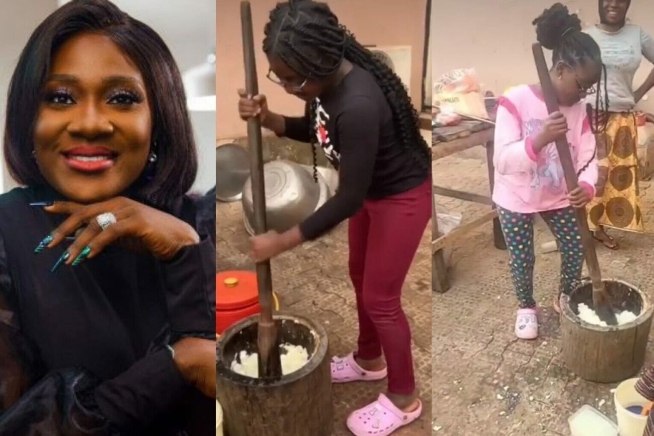 Mercy Johnson's daughter pounds yam