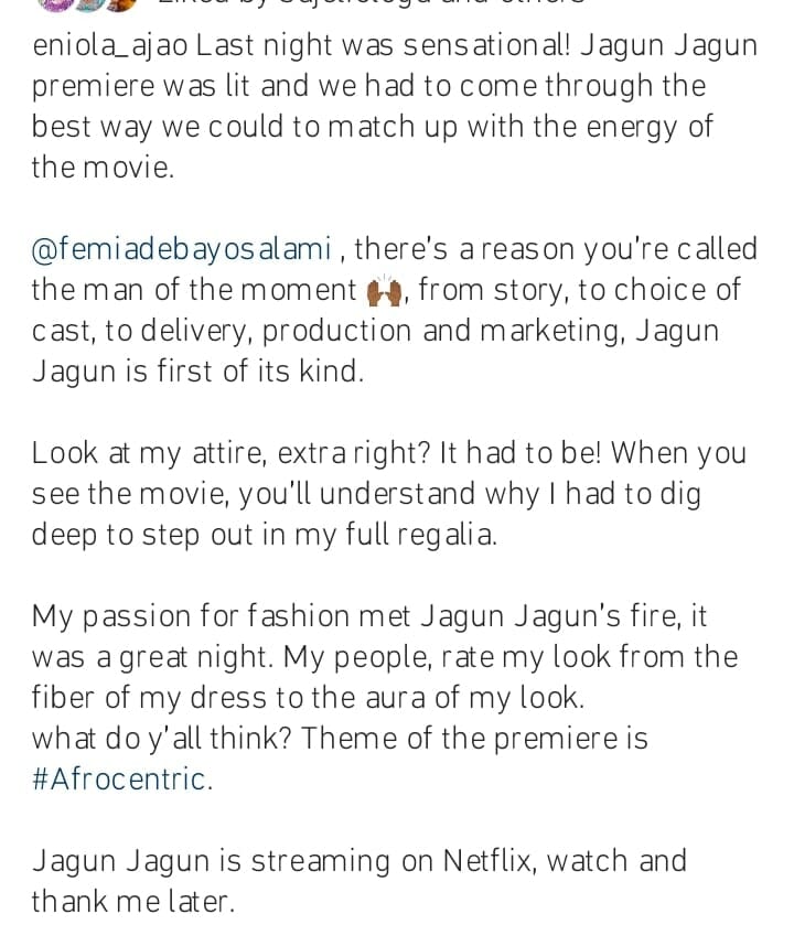 Eniola Ajao reacts to criticisms over her outfit to Jagunjagun screening