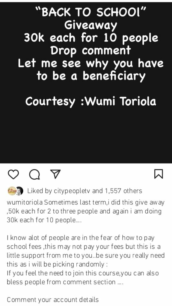 Wumi Toriola blesses parents with 30k