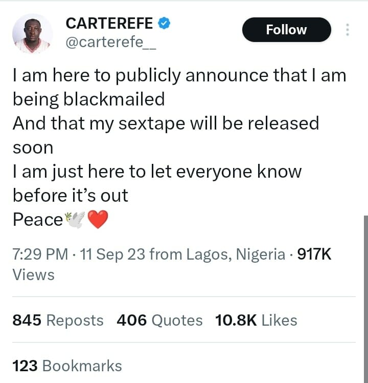 Carter Efe cries out over being blackmailed