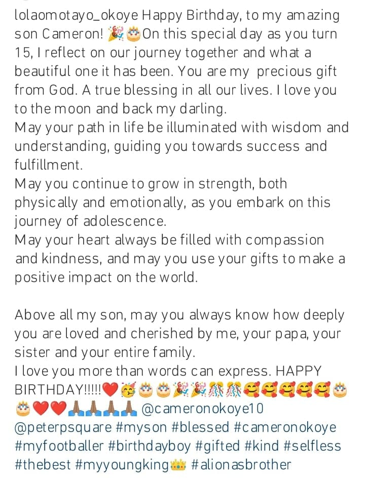 Lola Omotayo celebrates son's 15th birthday