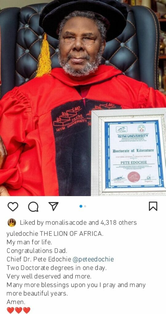 Yul Edochie celebrates Pete Edochie after he bags Doctorate degree