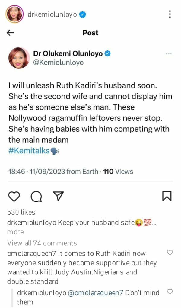 Kemi Olunloyo claims Ruth Kadiri is second wife