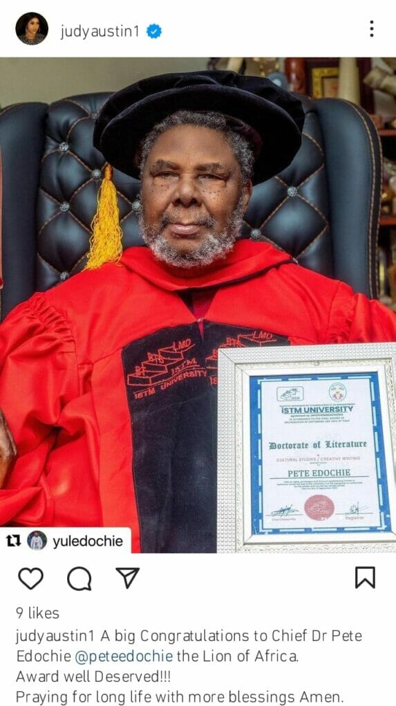 Judy Austin hails Pete Edochie as he bags Doctorate degree