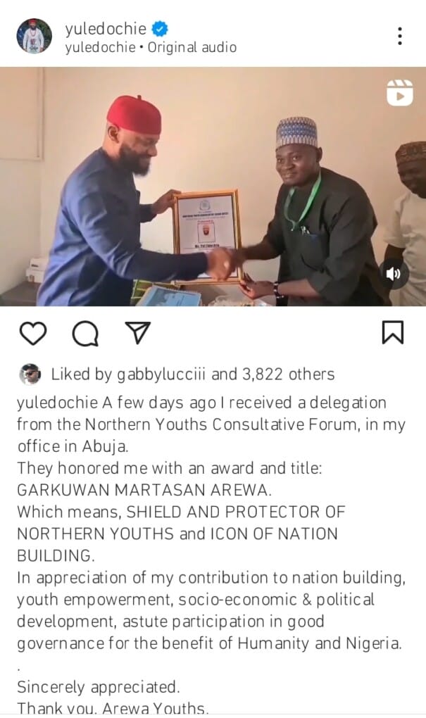 Arewa youths honor Yul Edochie with award and title 