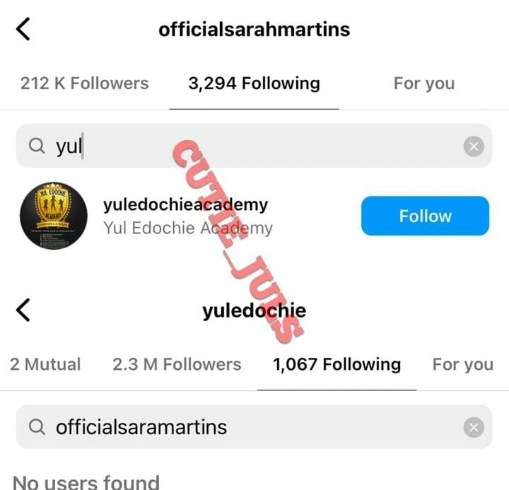 Yul Edochie stirs reactions as he unfollows Sarah Martins