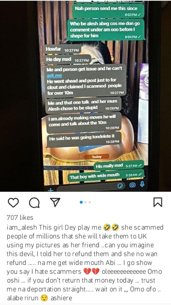 Alesh Sanni calls out female scammer