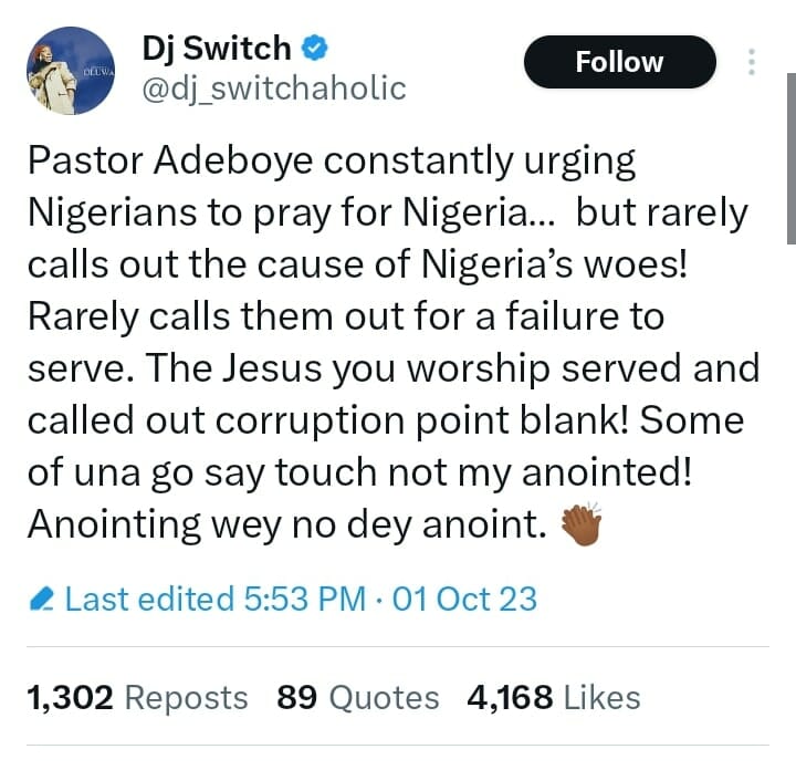 DJ Switch slams Pastor Adeboye 