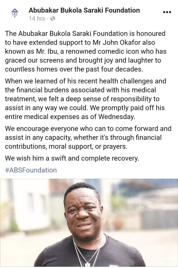 Bukola Saraki Foundation clear Mr Ibu's medical expenses 