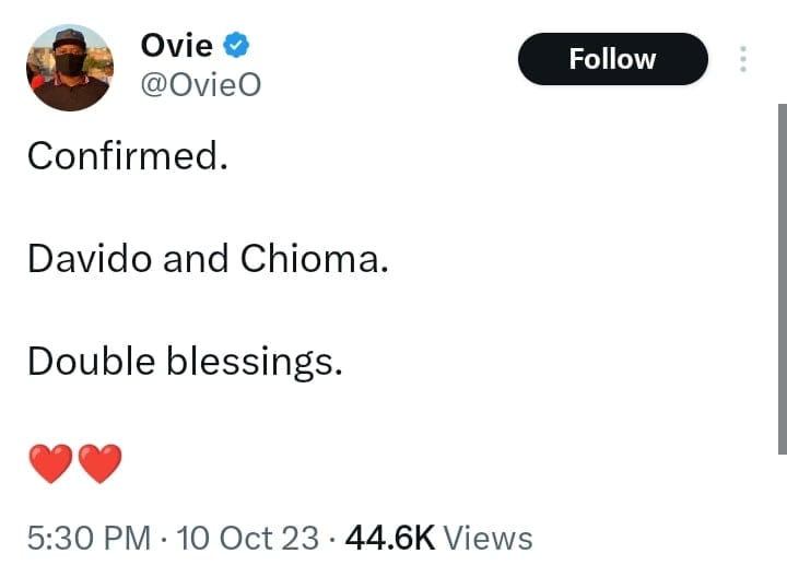 Ovie confirms the birth of Davido and Chioma's twins