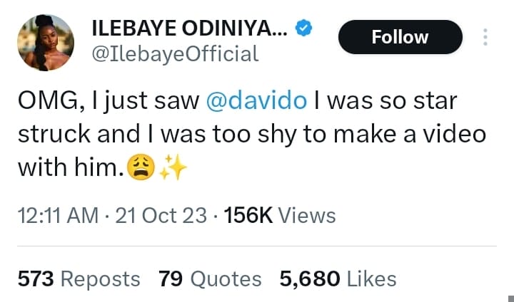 Ilebaye star struck as she meets Davido