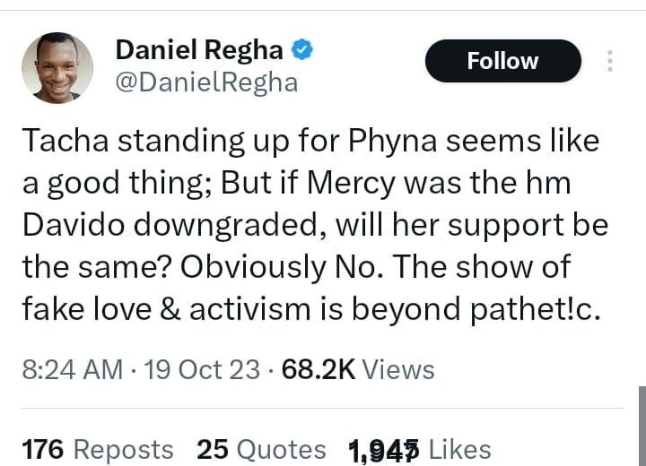 Daniel Regha slams Tacha over Phyna - Davido drama