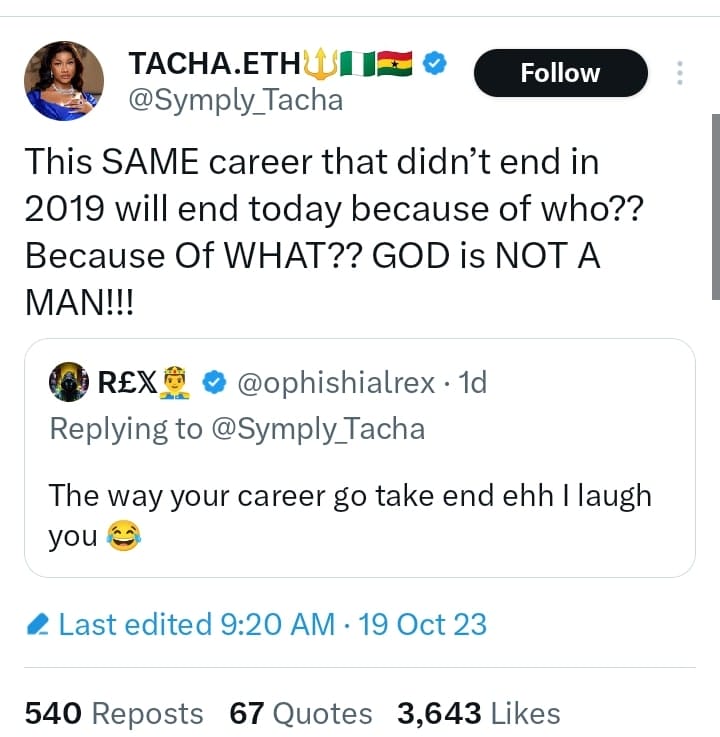 Tacha slams troll who prayed for her downfall