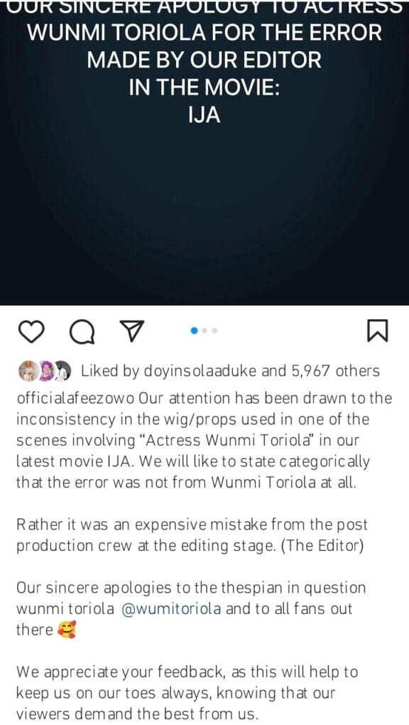 Afeez Owo apologises to Wumi Toriola over an expensive error from their post production crew