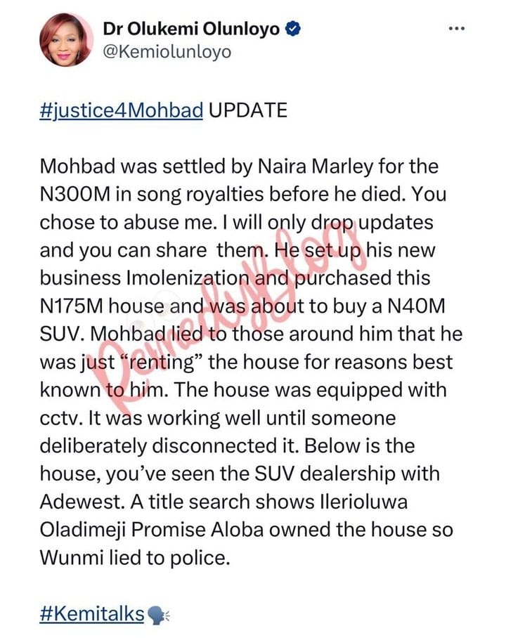 Kemi Olunloyo spills details about Mohbad's house