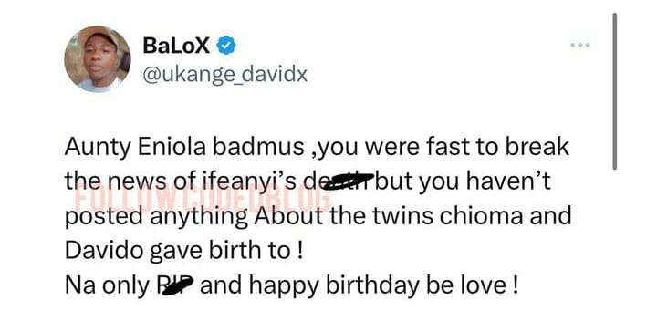 Man calls out Eniola Badmus for snubbing Davido on the birth of his twins