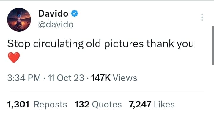 Davido tells the public to stop circulating old pictures