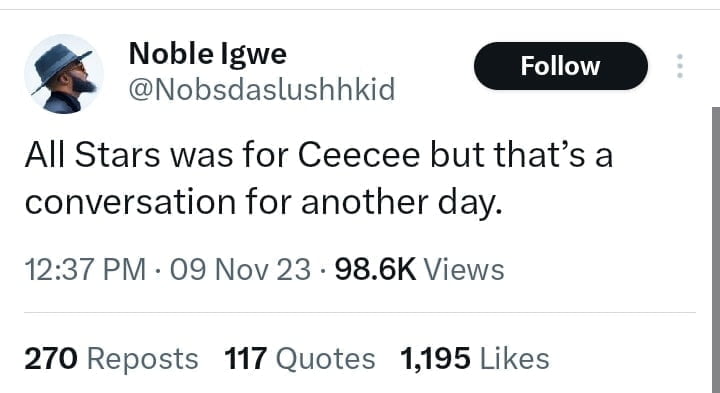 Noble Igwe says Ceec won All Stars show