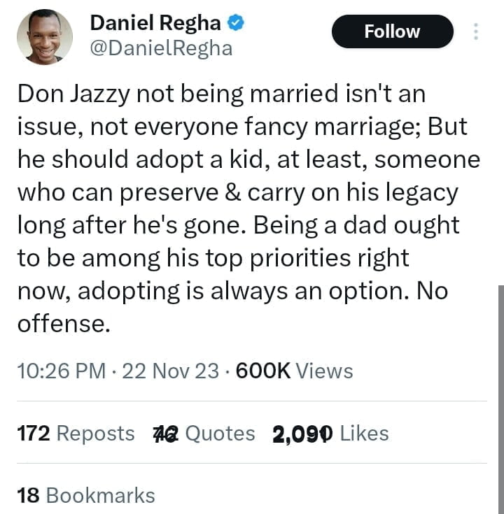 Daniel Regha advises Don Jazzy on having a child