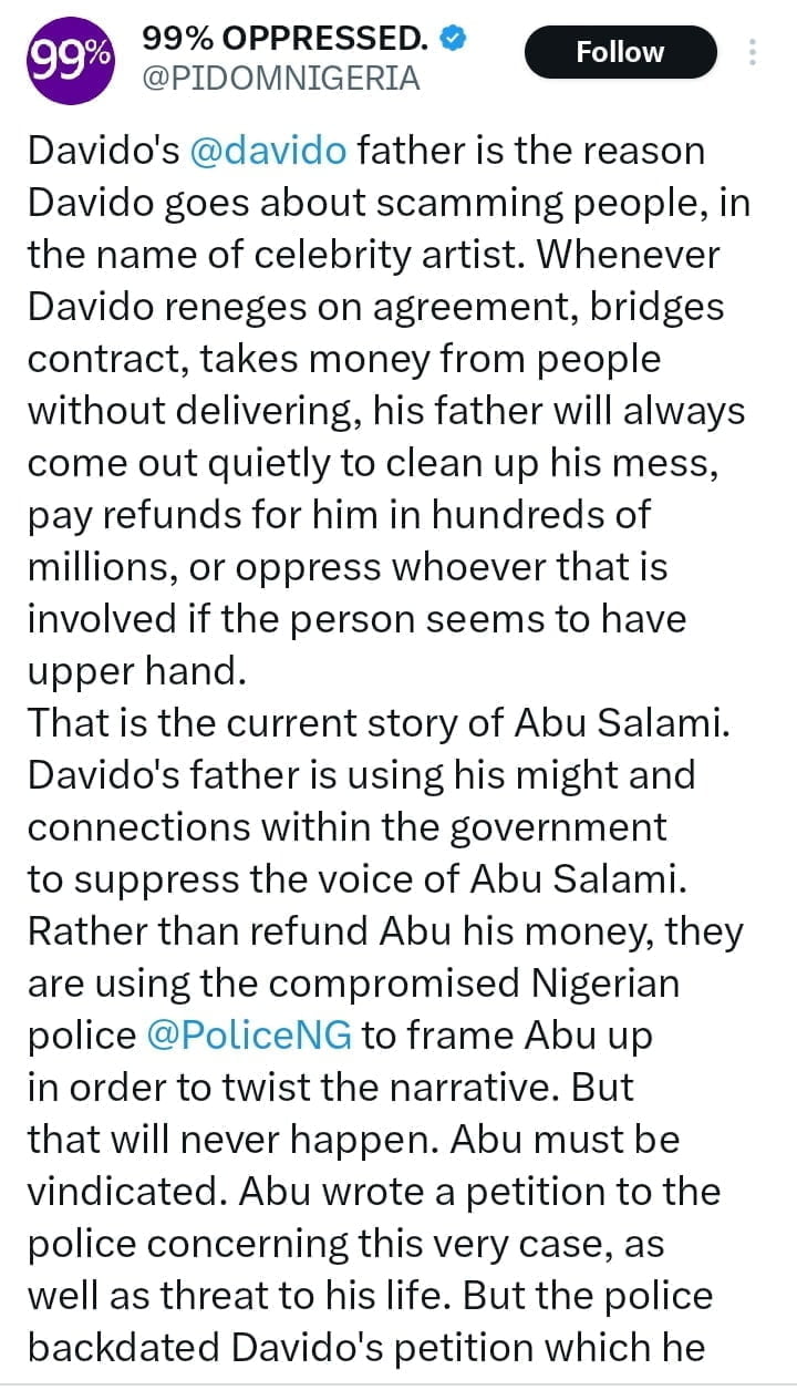 Man exposes Davido's father for oppressing Abu Salami