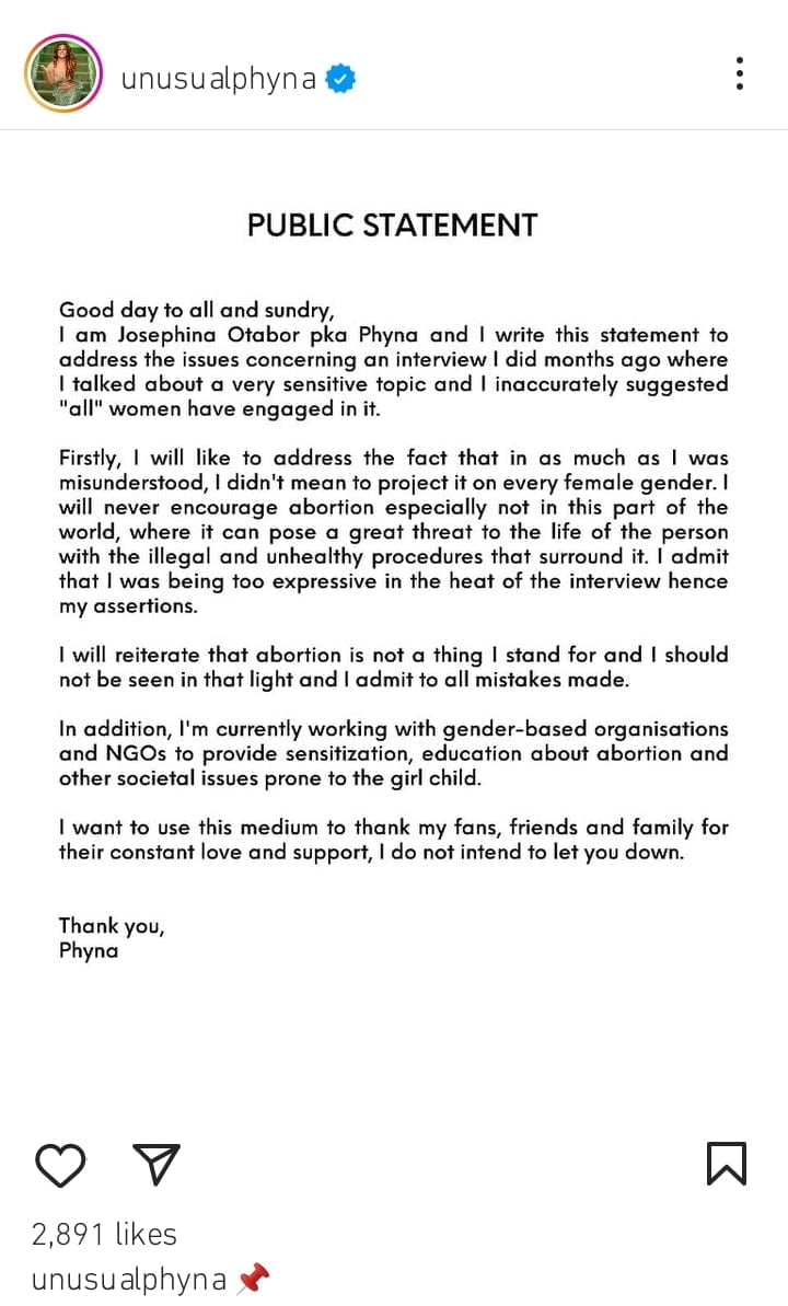 Phyna makes uturn on abortion 