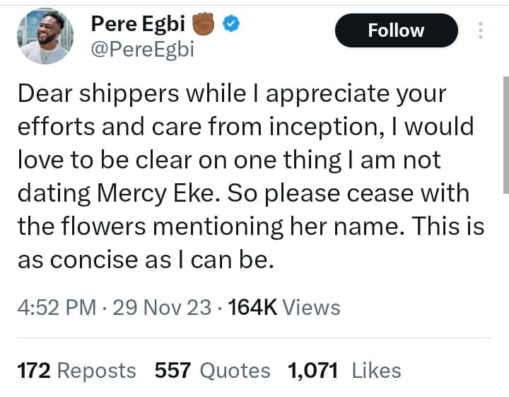 Pere says he isn't dating Mercy Eke