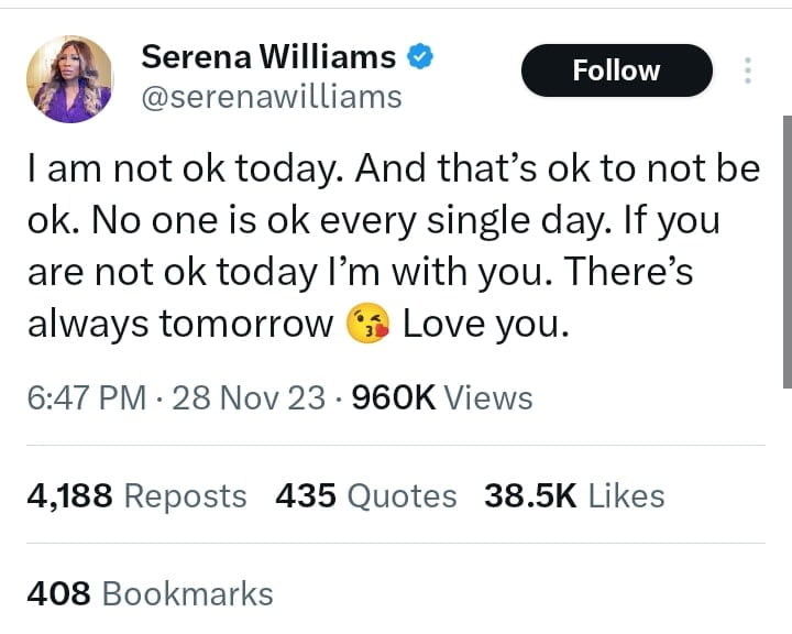 Serena Williams says she isn't okay