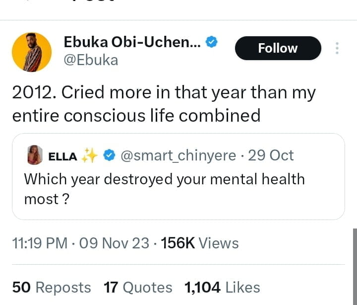 Ebuka Uchendu says he cried more in 2012