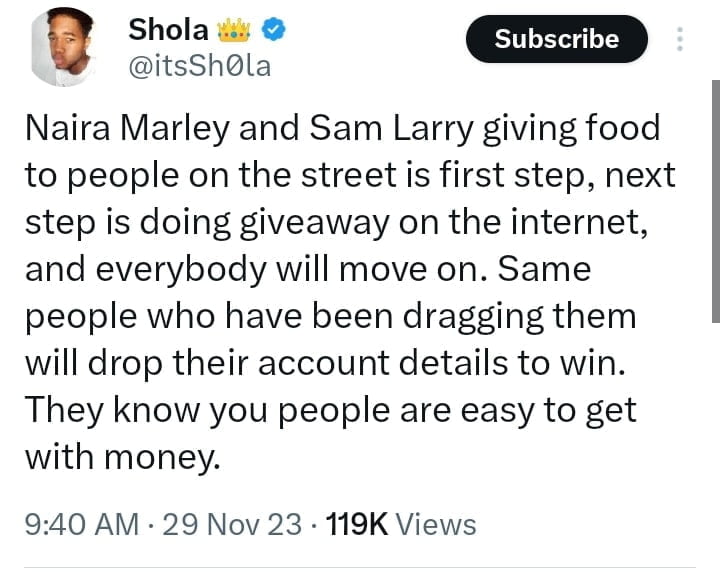 Nigerian man reacts as Sam Larry and Naira Marley engage in charity