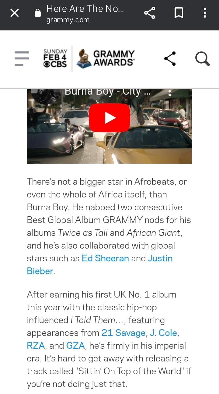 Grammy praises Burna Boy