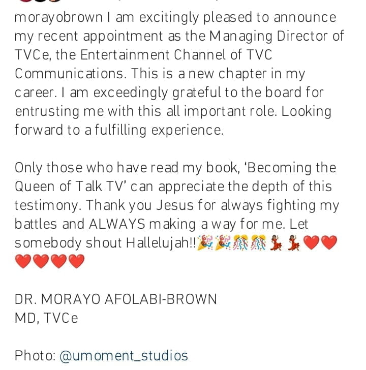 Morayo Brown TVC appointment