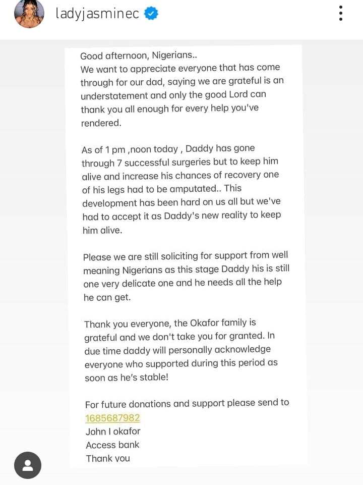 Mr Ibu's daughter Jasmine Okafor confirms his leg amputation