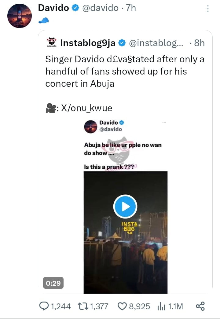 Davido speaks on low turnout at his Abuja concert