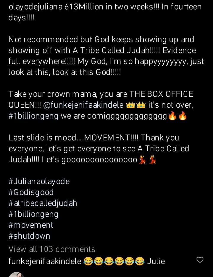 Juliana Olayode rejoices as a Tribe Called Judah hits 613million