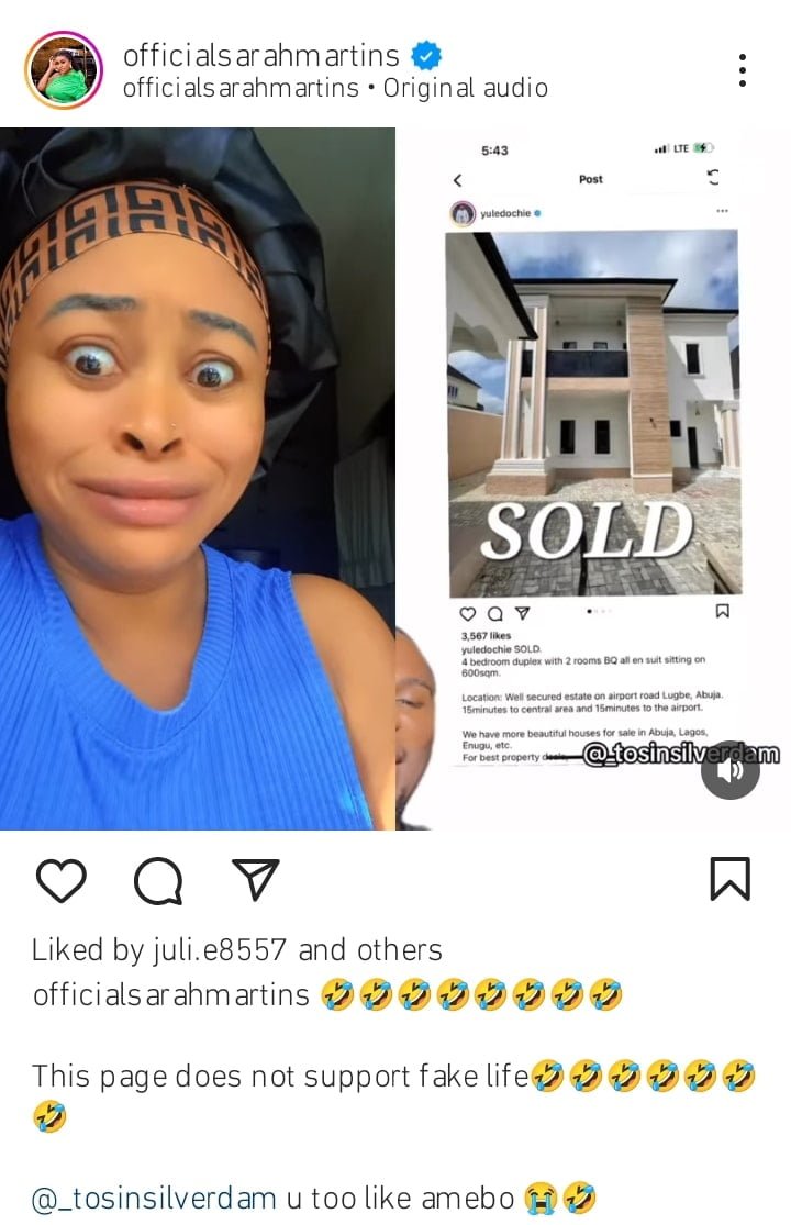Sarah Martins mocks Yul Edochie over his fake property sale