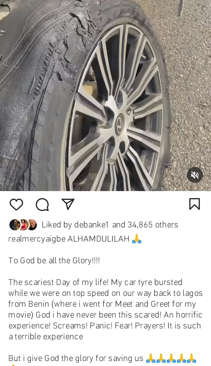 Mercy Aigbe car tyre burst 