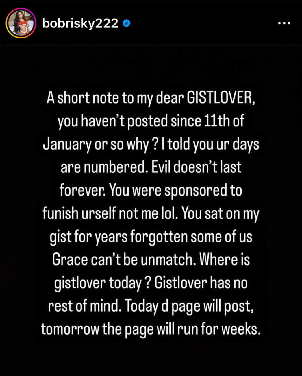 Bobrisky calls out Gistlover over social media absence following Tonto Dikeh saga.