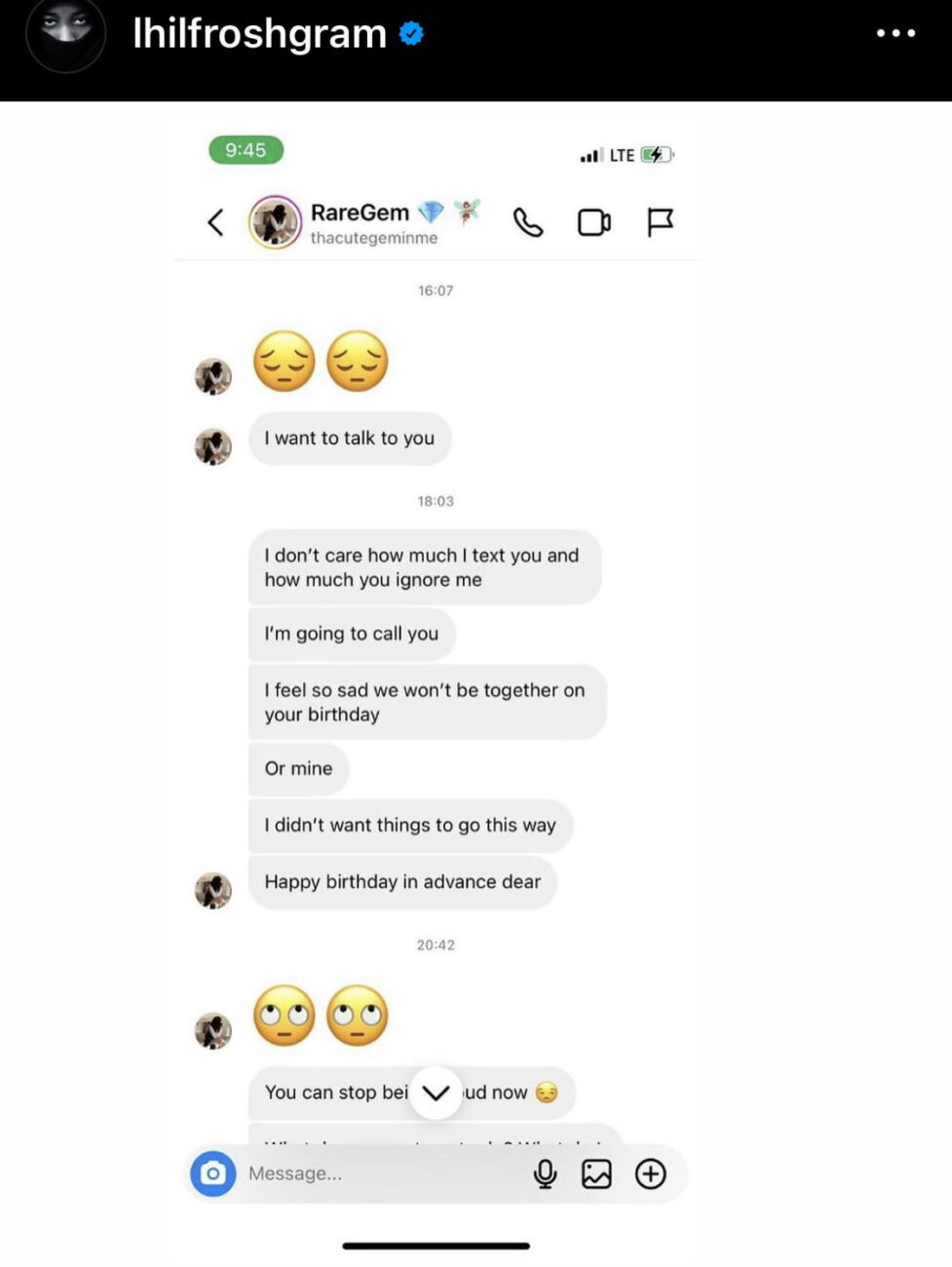 Screenshots posted by Lil Frosh in his new post accusing his ex-girlfriend of ruining his life.