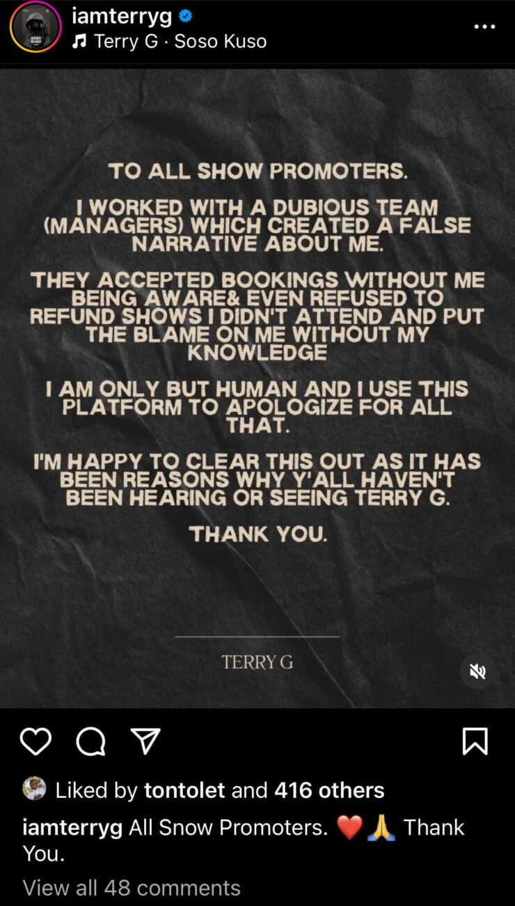 TerryG's post calling out his managers for overbooking him and not refunding promoters.