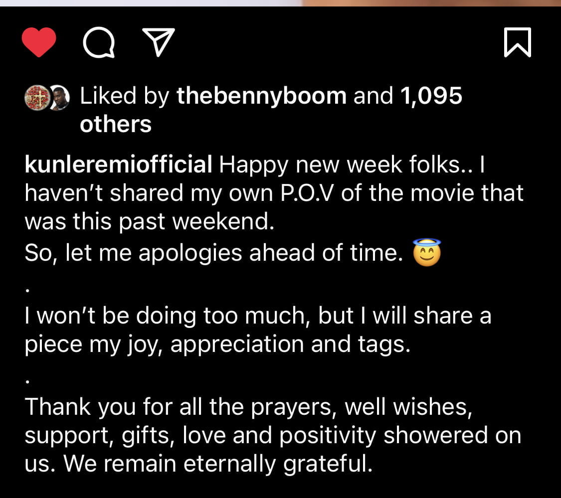 Kunle Remi's appreciation post for the well wishes he got for his wedding,