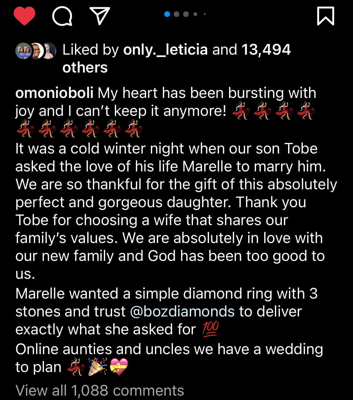 Omoni Oboli’s post celebrating her son’s engagement.