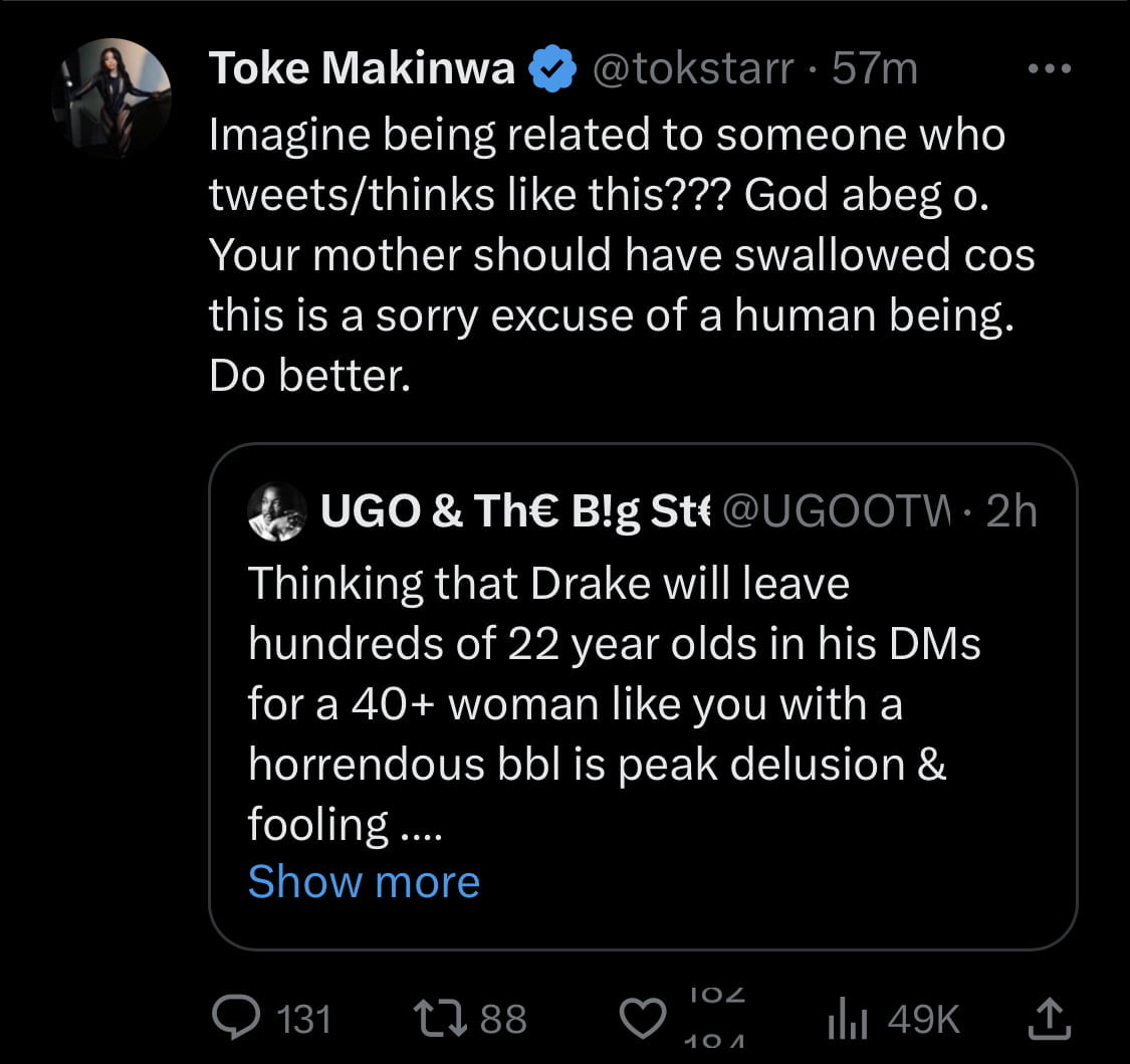 Toke Makinwa's response to an online troll.