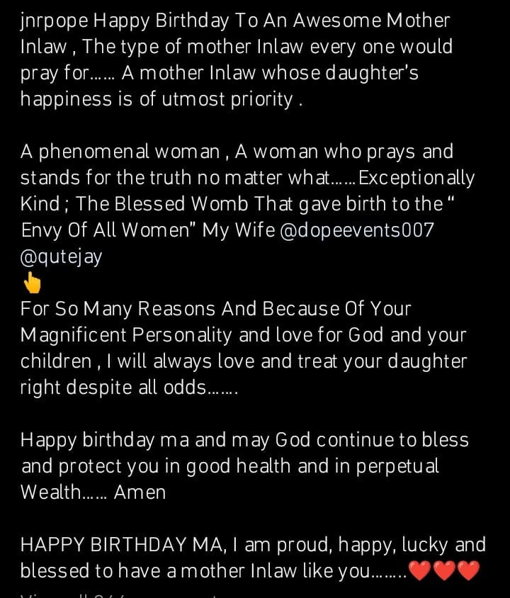 Junior Pope celebrates mother-in-law's birthday