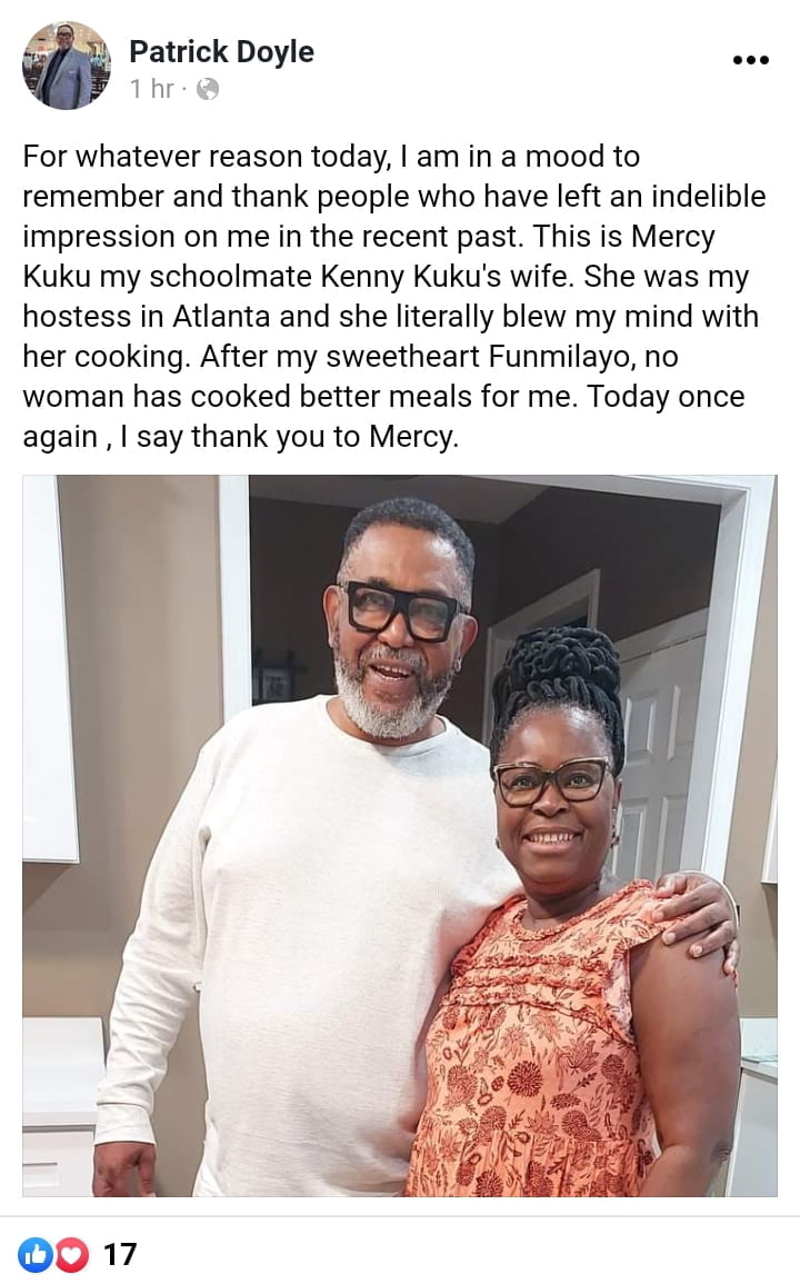 Patrick Doyle praises wife Funmilayo over her cooking skills 